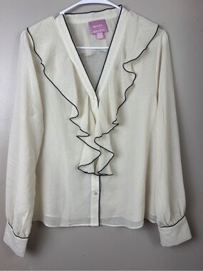 MUSE Cream Ruffle V-Neck Blouse with Black Piping